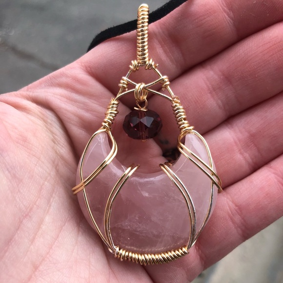 Wire Wrapped Rose Quartz Crescent Moon Crystal Necklace - Picture 8 of 14